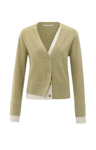 YAYA Contrast V Neck Cardigan Pale Olive