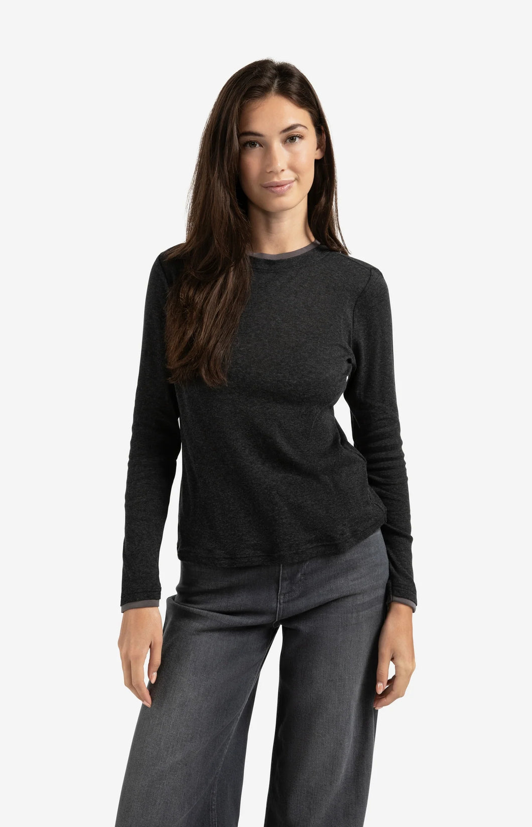 YAYA Long Sleeve Top with Suedine Trim